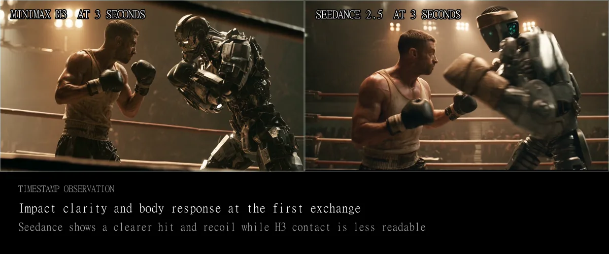 MiniMax H3 and Seedance 2.5 boxing frames compared side by side at three seconds