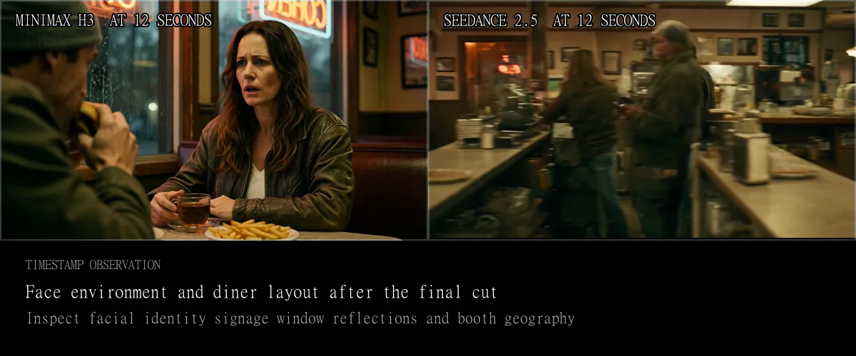 MiniMax H3 and Seedance 2.5 diner scene frames compared at twelve seconds