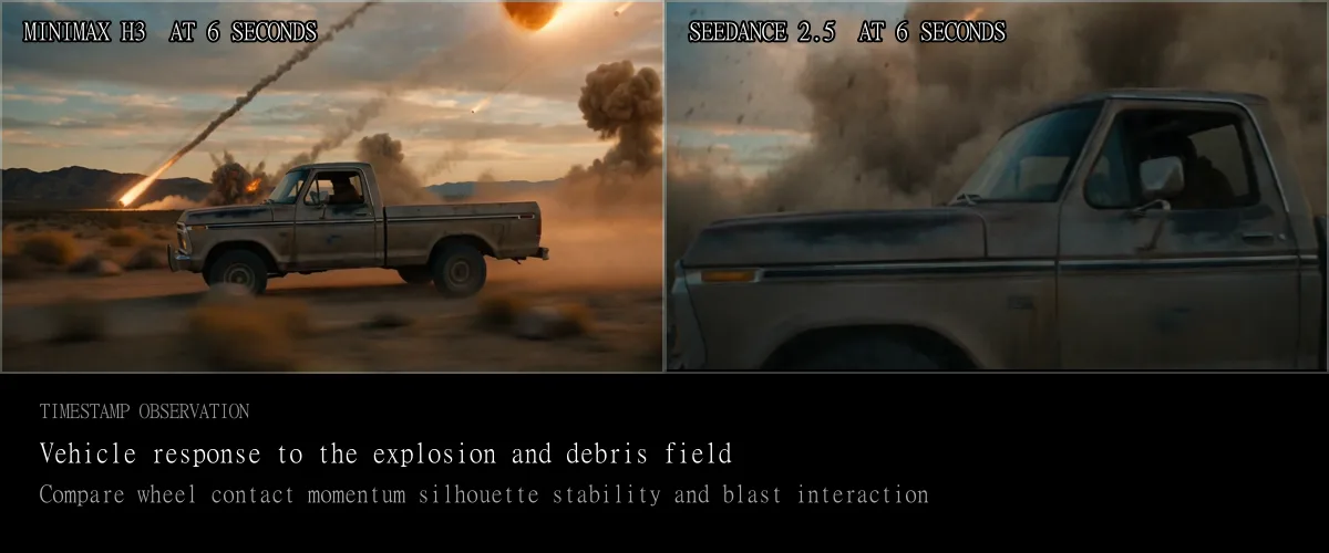 MiniMax H3 and Seedance 2.5 pickup truck explosion frames compared at six seconds